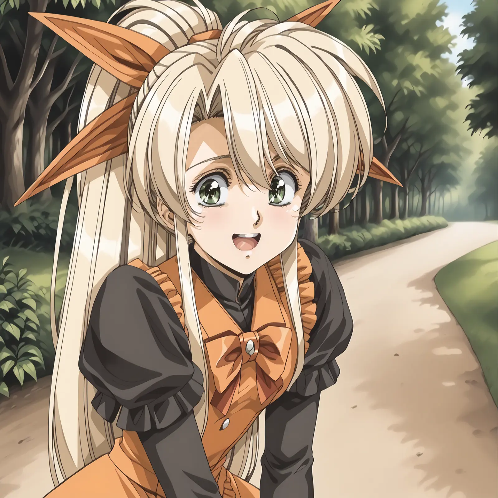 A young woman with light-colored hair styled in a ponytail smiling broadly at the viewer. She is wearing a frilly black and orange outfit. The setting is a pathway surrounded by greenery and trees. 