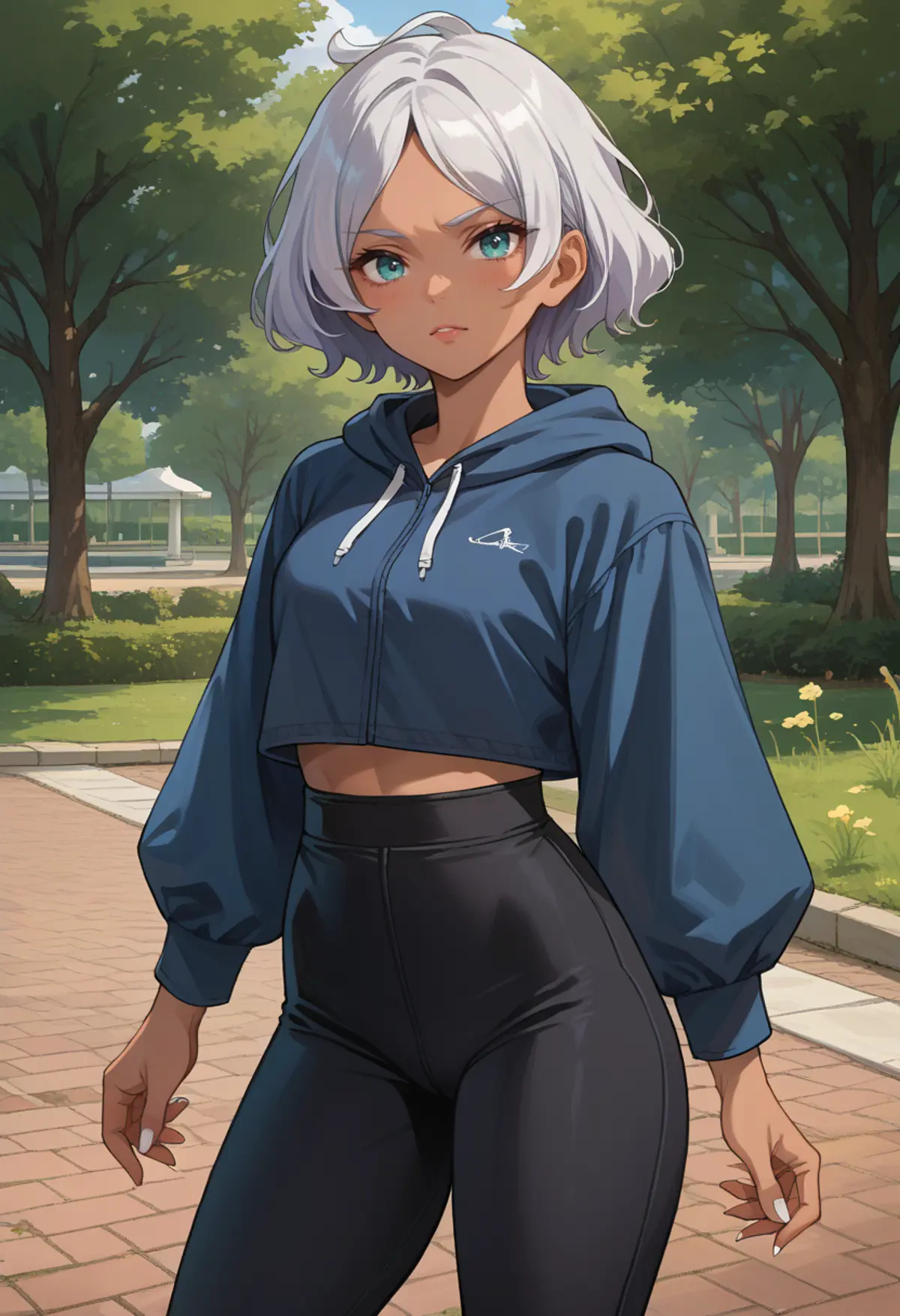 A young woman with silver hair and turquoise eyes standing on a paved path in a park setting. She is dressed in a blue cropped hoodie and black pants. 