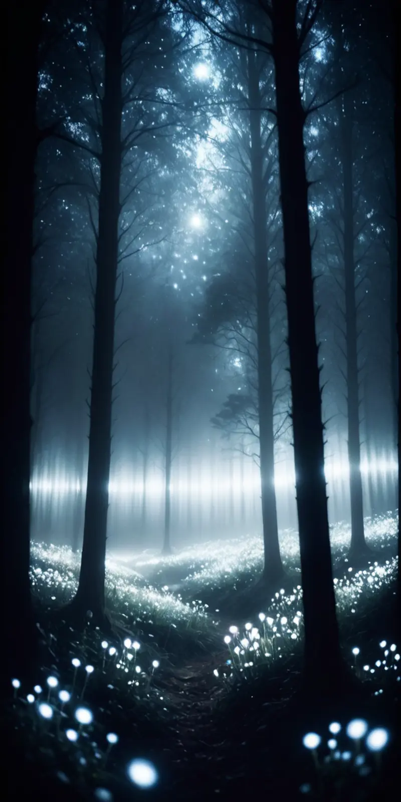A dense, foggy forest bathed in an ethereal light emanating from the mysterious foliage on the ground and the spaces between the trees. The light diffuses through the fog and branches, casting an otherworldly atmosphere over the scene. 