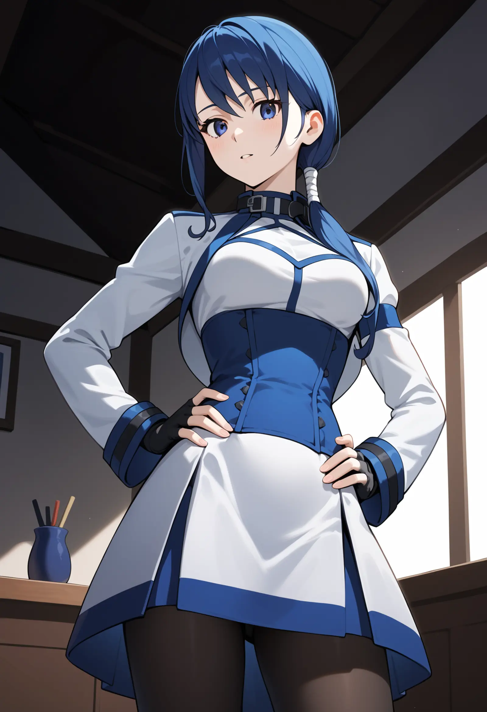 A young woman with blue hair dressed in a blue and white outfit standing confidently with her hands on her hips. The setting is a room with a window with natural light illuminating the scene. 