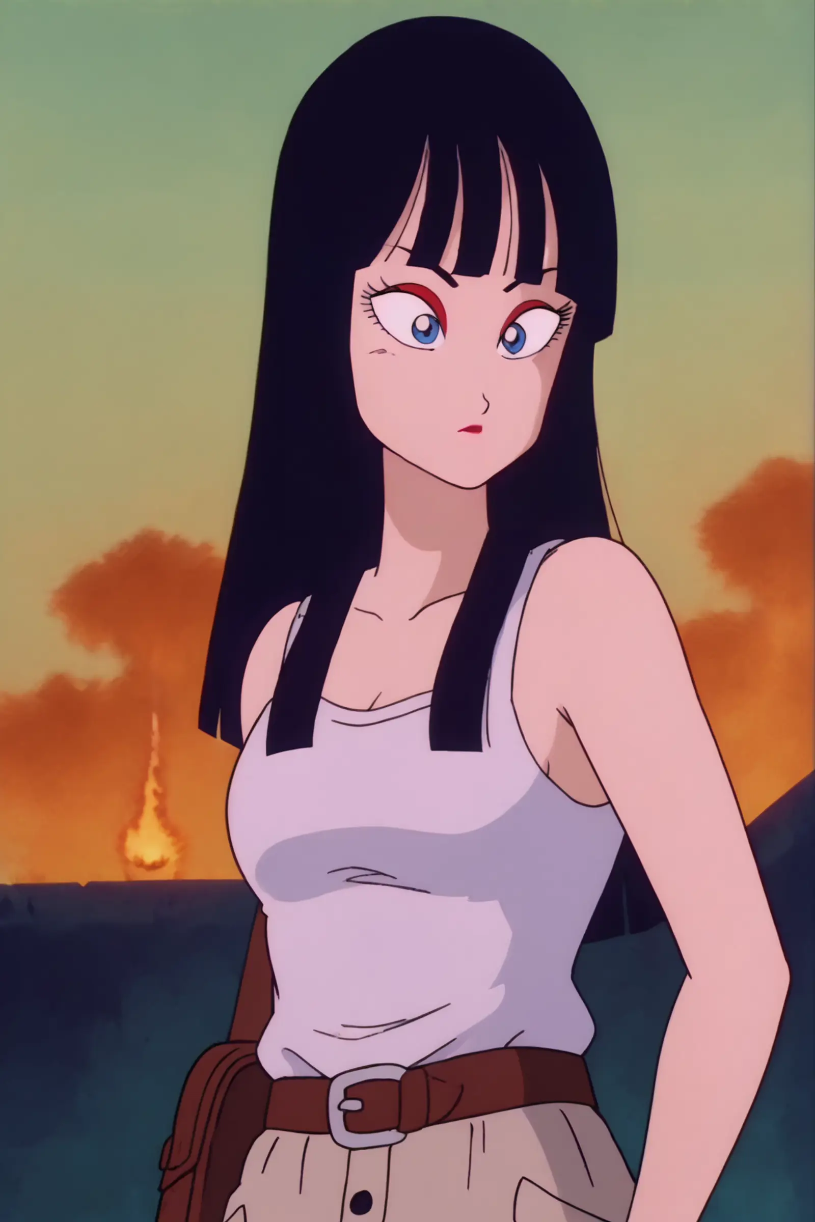 A young woman with black hair and blue eyes wearing a white tank top and brown belt with a beige pants. In the background, there is a fiery evening sky behind a blue mountain. 