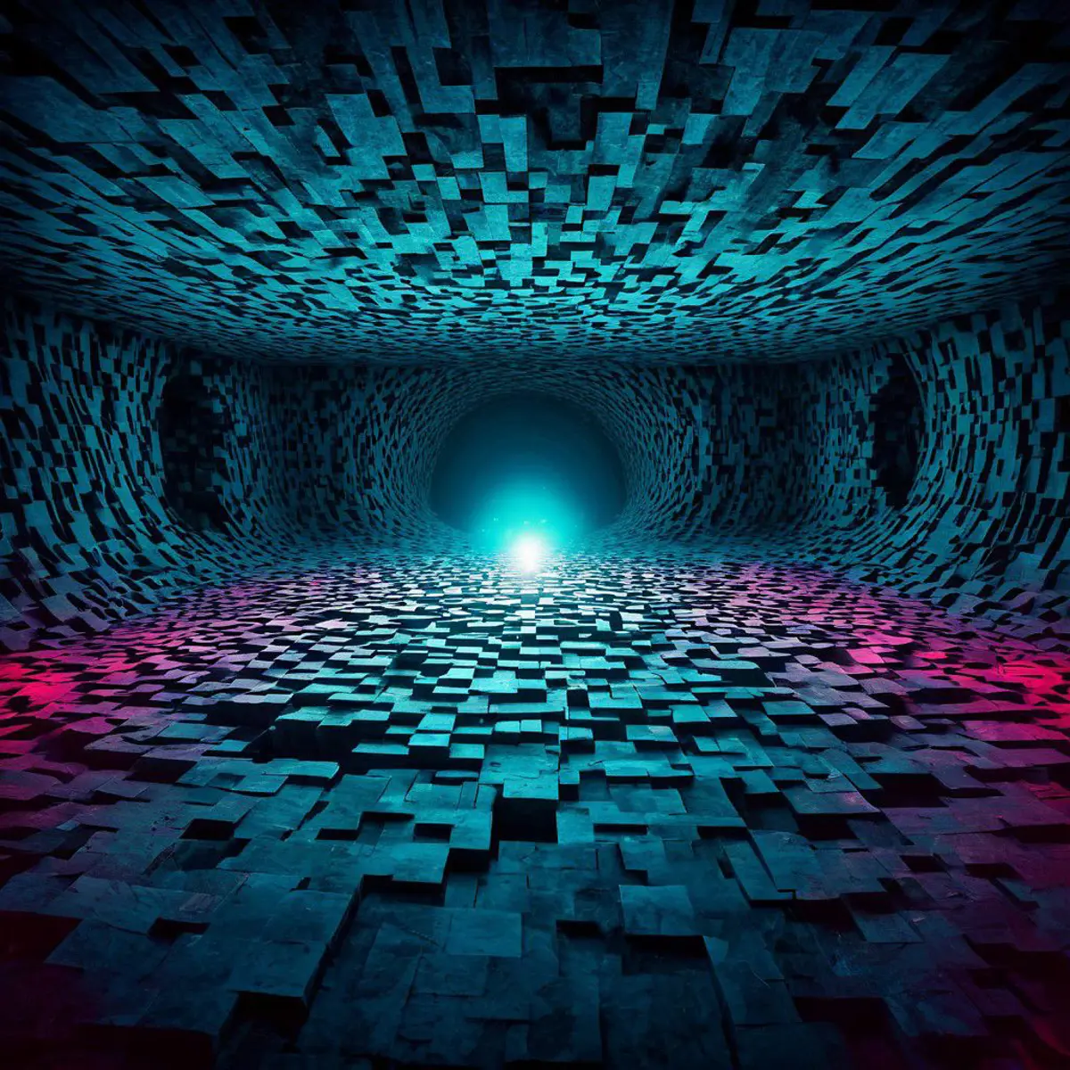 A tunnel-like structure composed of numerous cubic shapes that recede into the distance, where a bright light glows at the far end. The cubes are arranged in a seemingly random pattern, creating an intricate mosaic that covers the walls, ceiling, and floor of the tunnel. The lighting transitions from a cool blue at the entrance to a warm pink and red towards the edges, giving depth to the scene and enhancing its three-dimensional appearance.