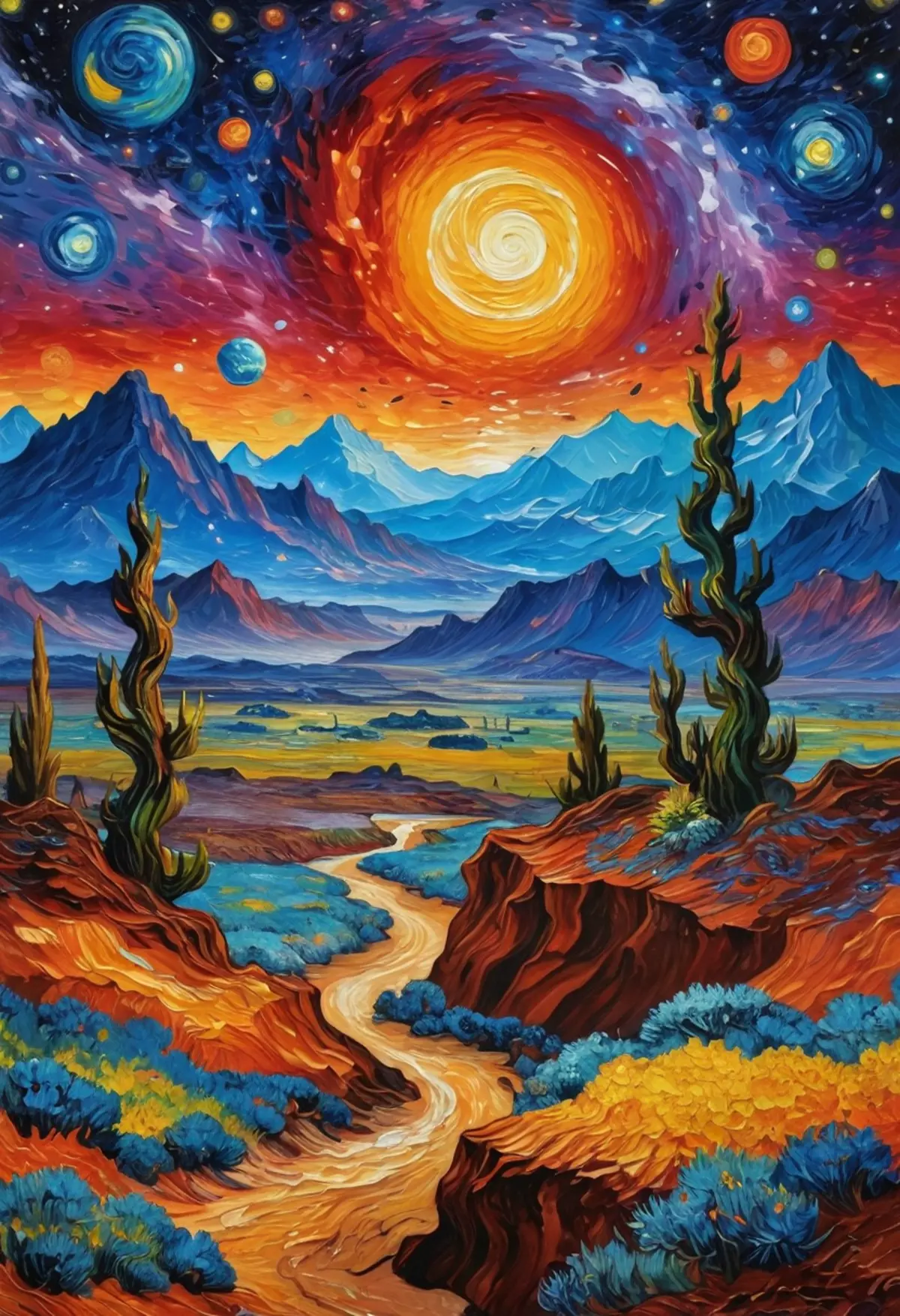 A colorful landscape with a winding path leading through a desert-like environment toward distant mountains. Above, a dramatic night sky is filled with an array of celestial bodies and a prominent swirling galaxy. 