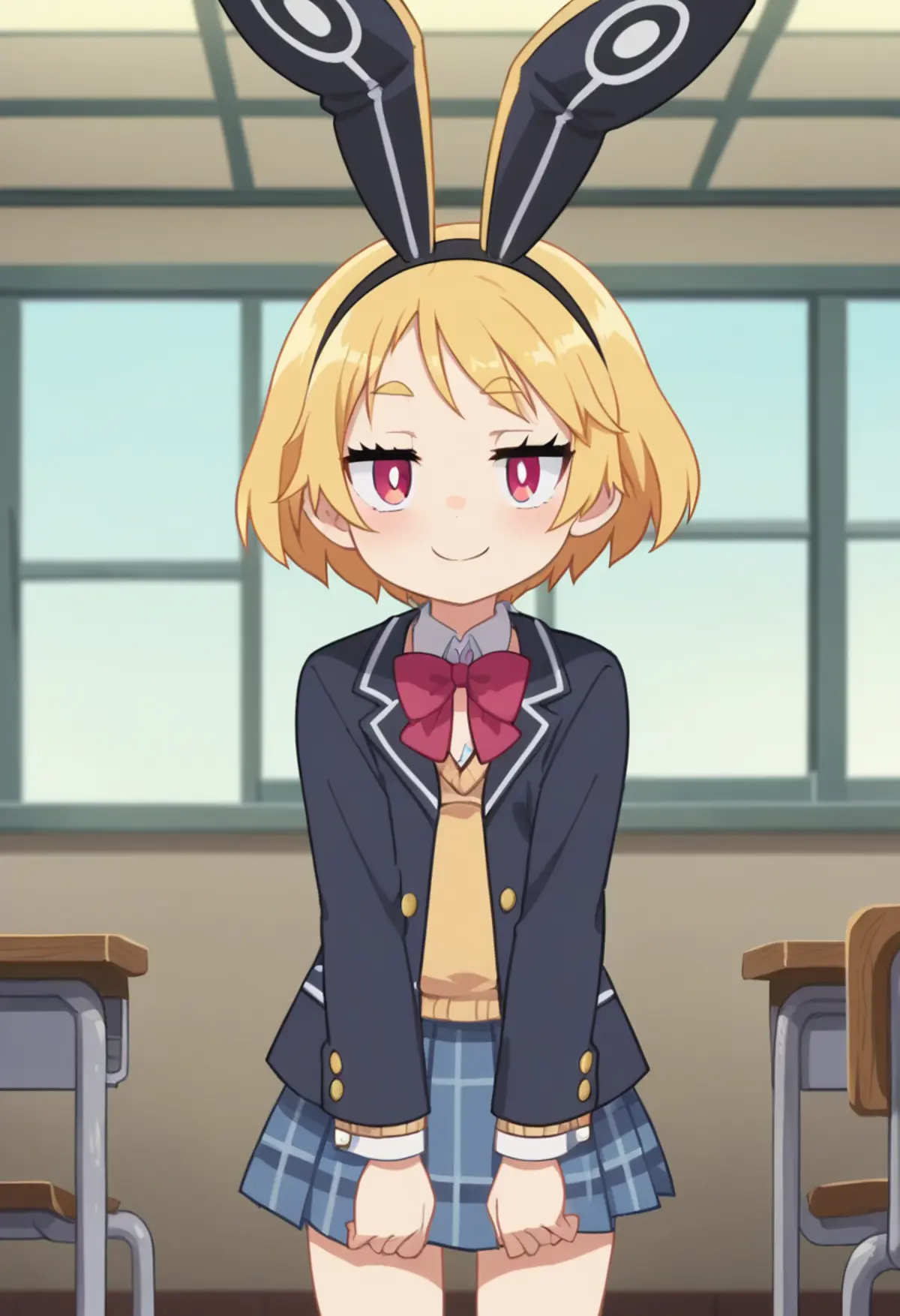 A girl with red eyes and blonde hair wearing a bunny ear headband standing in a classroom setting. She is dressed in a school uniform consisting of a blazer and a plaid skirt, and has a cheerful expression on their face. 