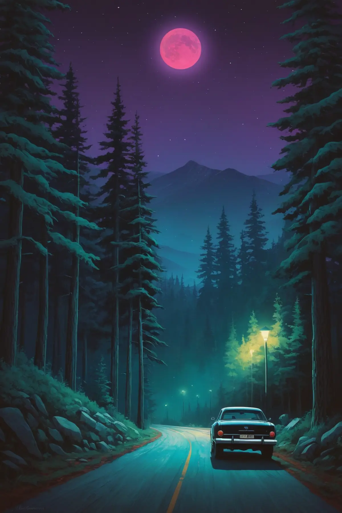 A car parked on a deserted road flanked by tall pine trees under a starry night sky. The scene is illuminated by an unusually large, crimson moon, and the road is lit by yellow streetlights.